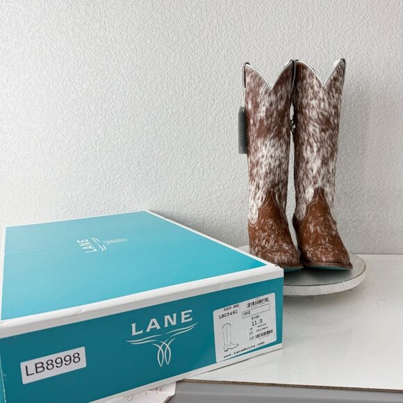 Lane Plain Jane Cowhide Cowboy Boots Tall Brown Western Hair on Hide Womens 11 - Picture 9 of 10